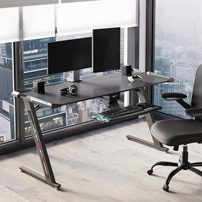 EUREKA ERGONOMIC Gaming Desk with Led Lights 156×64cm Large RGB Ergonomic Gaming Computer Desk for Home Office Work Study Writing with Mouse Pad, Easy to Assemble, Carbon Fiber Black