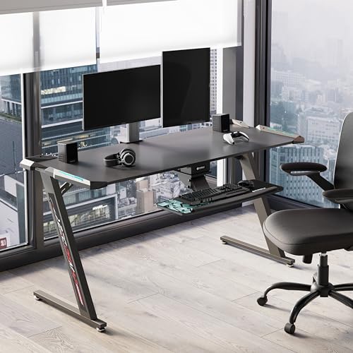 EUREKA ERGONOMIC Gaming Desk with Led Lights 156×64cm Large RGB Ergonomic Gaming Computer Desk for Home Office Work Study Writing with Mouse Pad, Easy to Assemble, Carbon Fiber Black