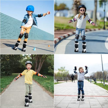 MGYZM kids roller skates for girls and boys with adjustable fit, light-up wheels, suitable for indoor and outdoor use in white and black.