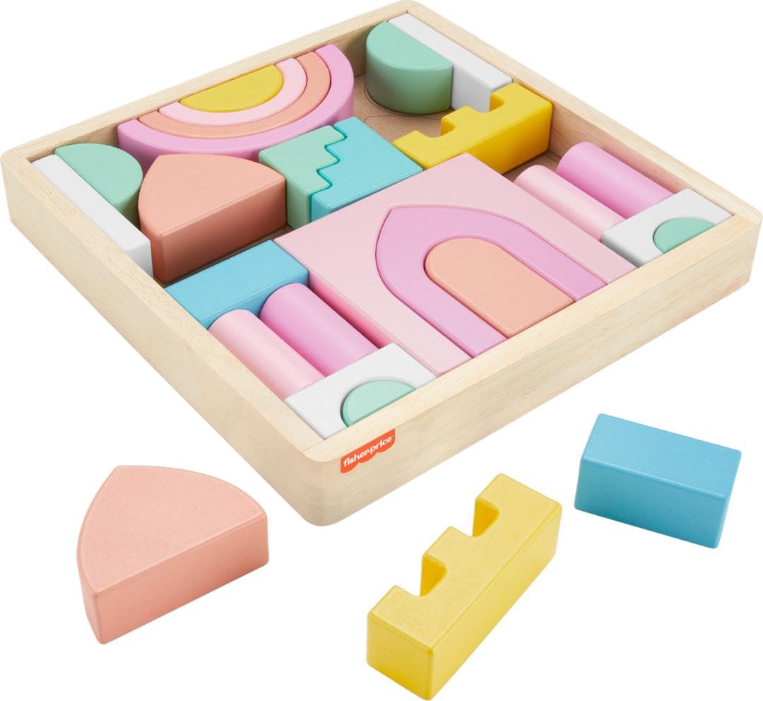 Fisher-Price wooden toddler toy castle block set with 28 stacking pieces for preschool kids aged 2+ years, suitable for developmental play