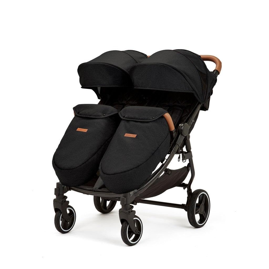 Ickle Bubba Venus Prime Double Stroller – Twin Pushchair from Birth to 15kg per Seat, Includes Newborn Cocoon, Footwarmers, Rain Cover, Compact Fold, Multi-Recline Seats & UPF 50+ Hoods (Black)
