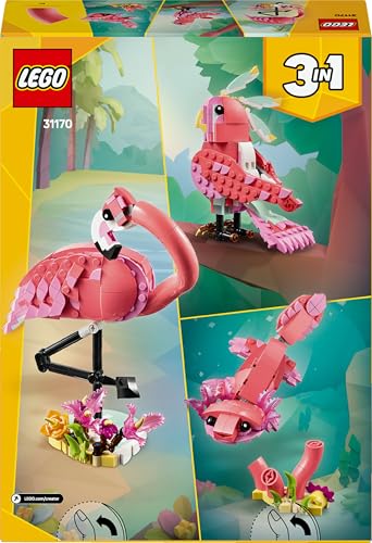 LEGO Creator 3in1 Wild Animals set showing a pink flamingo toy with vibrant colors and detailed features.
