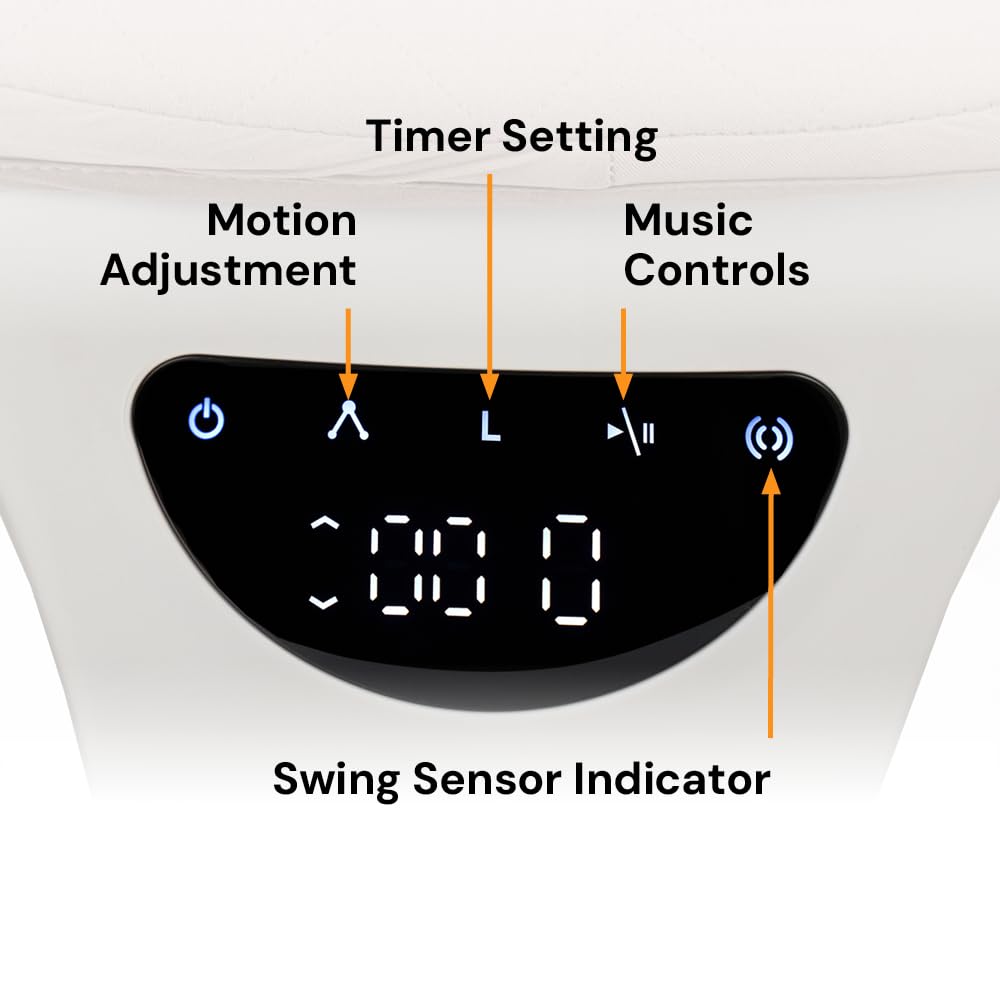 DreamX E-Swing baby swing in Dune color with remote control, Bluetooth connectivity, and five speed settings, featuring a pebble grey and Dune design.