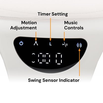 DreamX E-Swing baby swing in Dune color with remote control, Bluetooth connectivity, and five speed settings, featuring a pebble grey and Dune design.