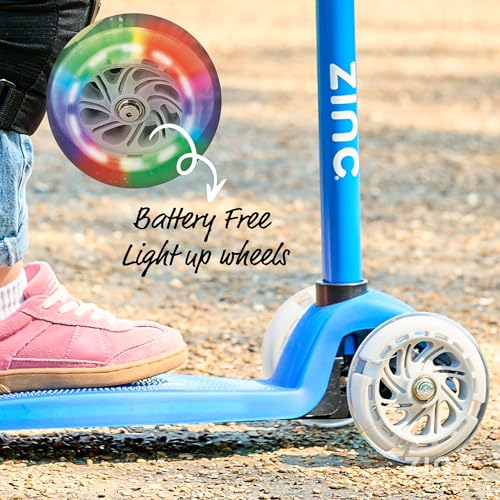 Zinc Superstar Kids Scooter for Ages 3+ – Three Wheeled Boys & Girls Scooter with LED Light Up Deck & Wheels, Adjustable Handlebar, Lean ‘n’ Steer Controls, Rear Brake, Soft Rubber Grips, Blue