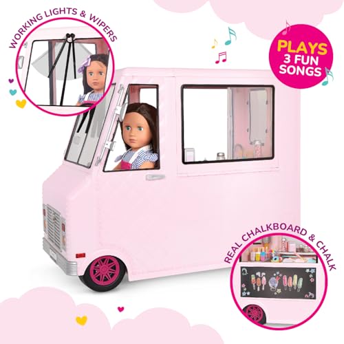 Our Generation pink ice cream truck playset for 18-inch dolls with various accessories displayed around it.