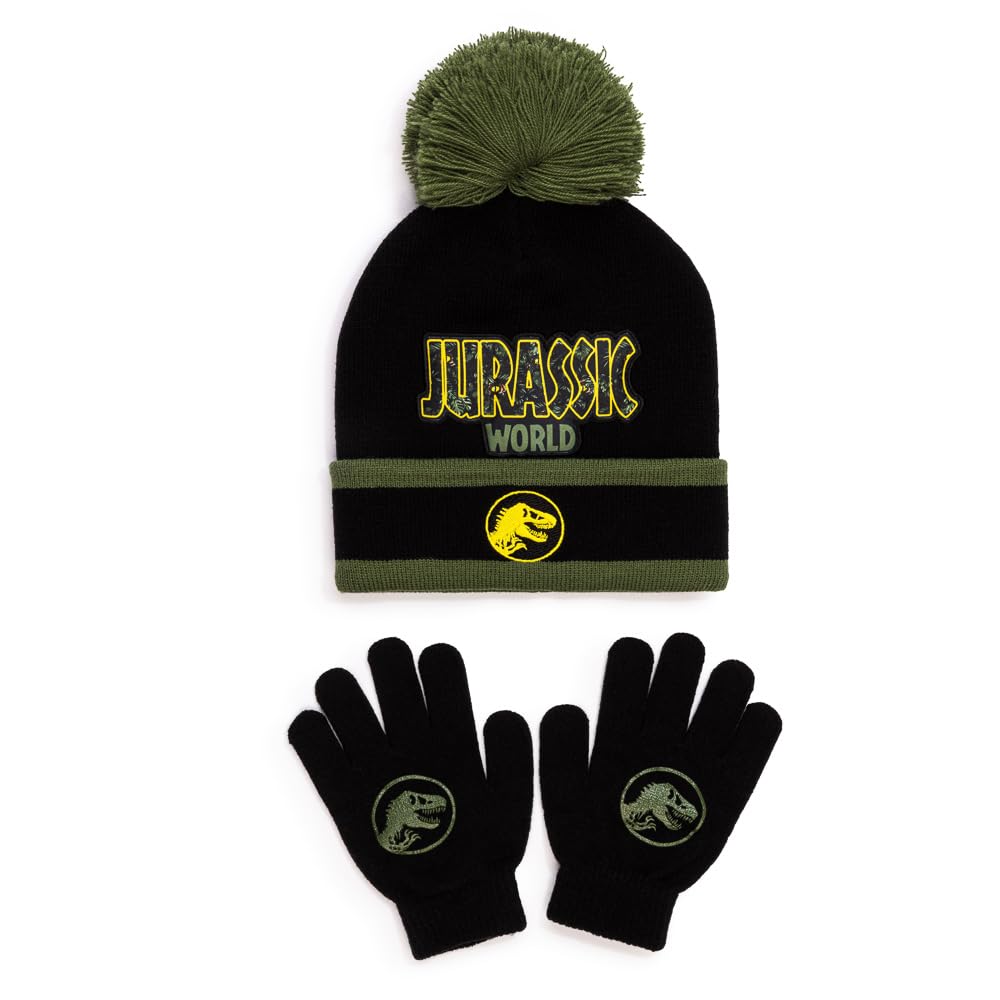 Jurassic World Boys Beanie Hat & Gloves Set – 100% Acrylic Winter Bobble Hat & Stretch Gloves – Dinosaur T-Rex Winter Accessories Set