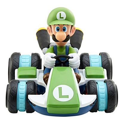 Nintendo Super Mario Kart 8 Luigi RC racer by Jakks Pacific, showing the remote control car with anti-gravity features and colorful Mario design.