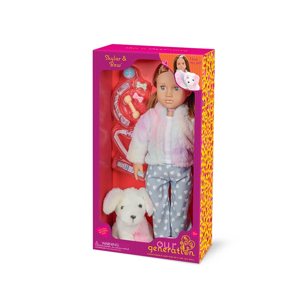 Our Generation 18-inch doll Skylar with her plush rainbow dog puppy and pet care accessories for pretend play.