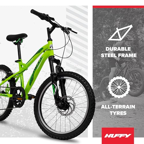 Huffy Extent 20-Inch Boys’ Mountain Bike, 6-Speed Microshift Gear System, Front Suspension, Durable Steel Frame, All-Terrain Tyres, For Kids Ages 5–9 Years, Antifreeze Green