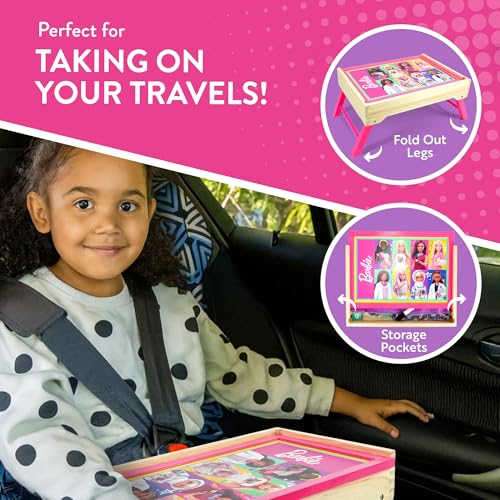 Barbie 2-in-1 magnetic whiteboard and lap tray for kids, featuring colorful writing surface and educational activity space.