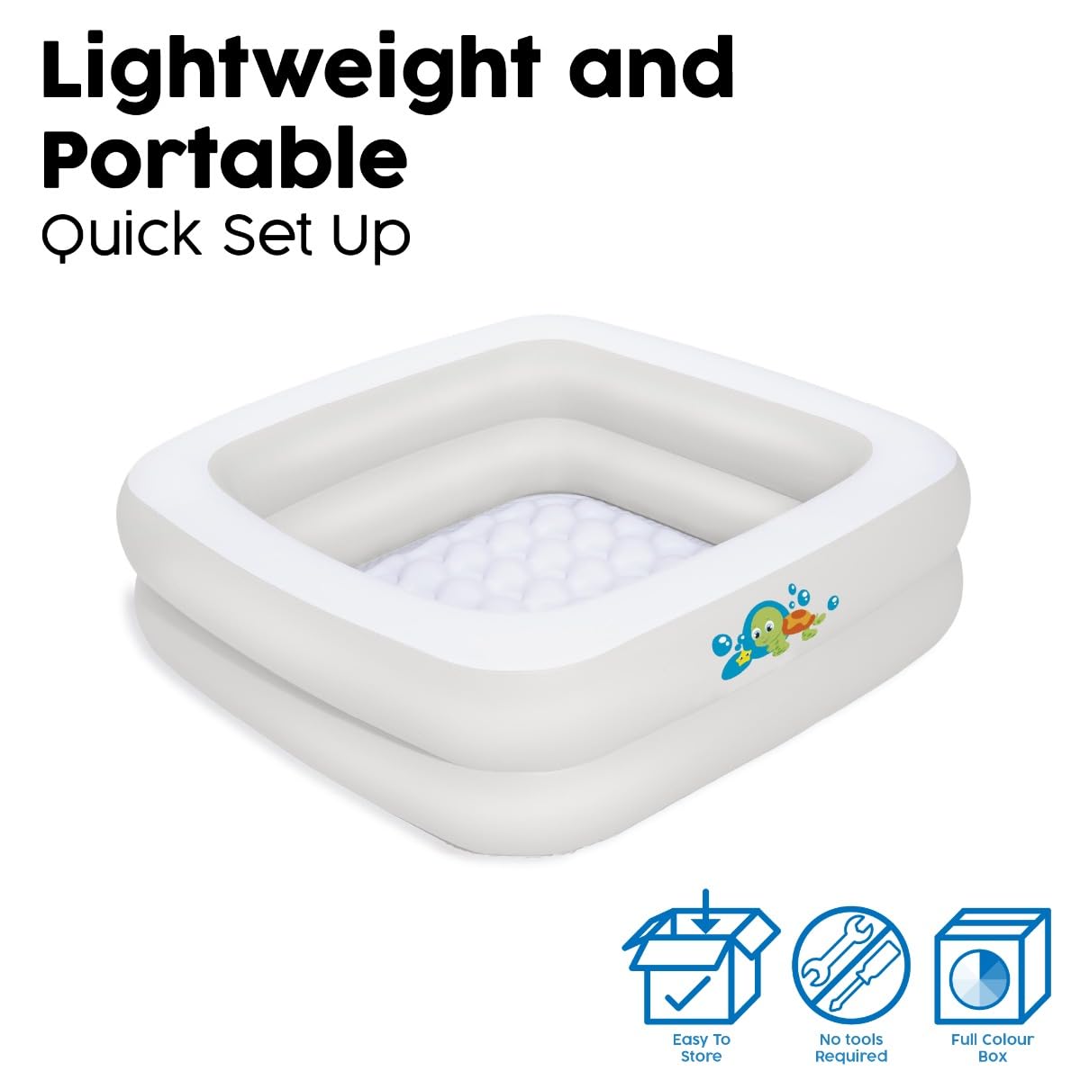 Bestway inflatable baby bath tub in white, featuring a soft floor, ideal for home use and travel.