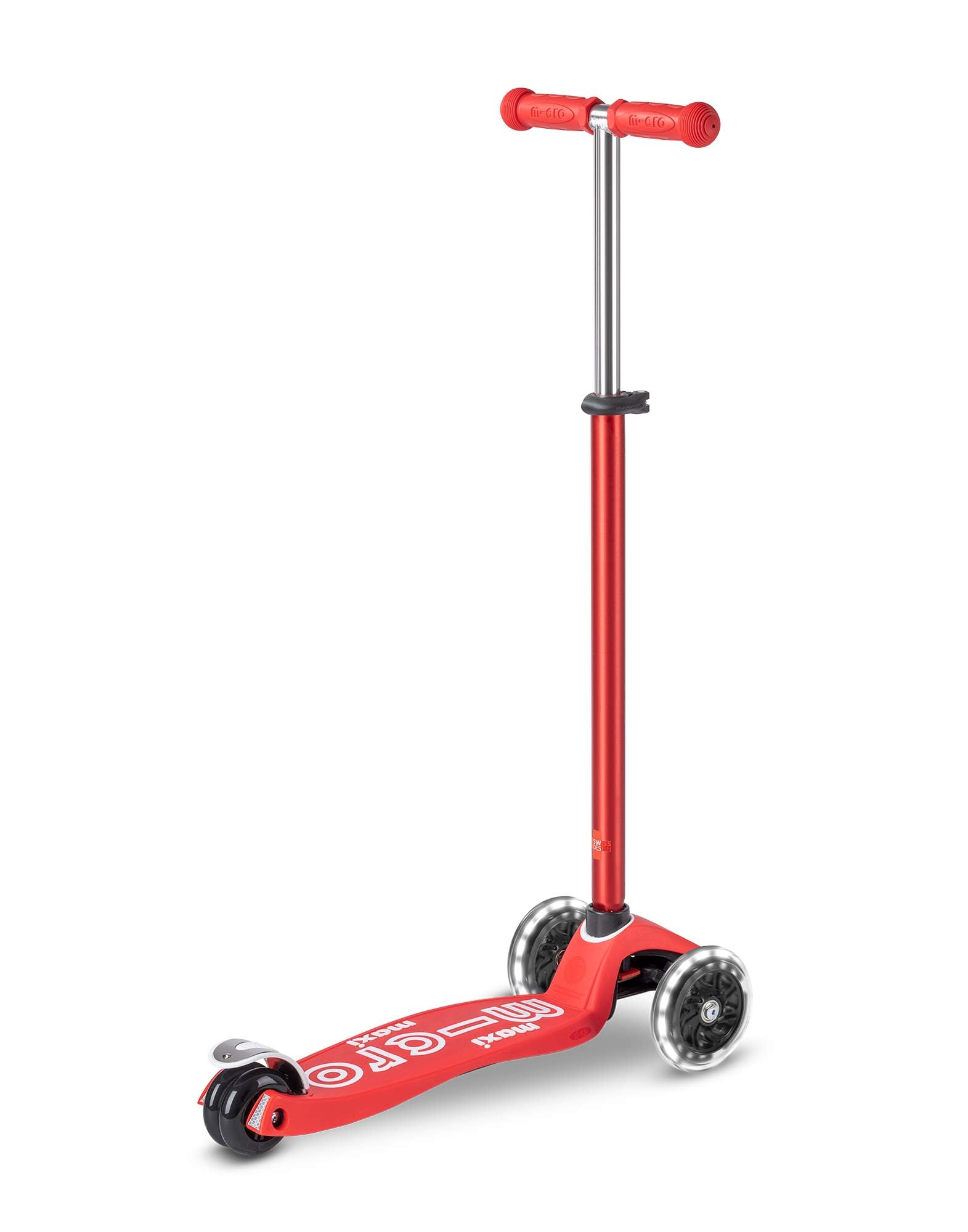 Maxi Micro LED Deluxe children's scooter in red with big wheels and adjustable handlebar for ages 5-12.