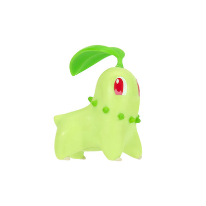 Six Pokémon battle figures including Pikachu, Joltik, Galarian Darumaka, Riolu, Chikorita, and Cleffa displayed together.