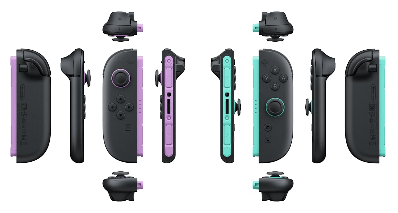 Nintendo Joy-Con controllers in light purple and light green, showing the left and right sides for Nintendo gaming console.