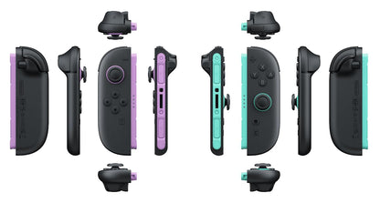 Nintendo Joy-Con controllers in light purple and light green, showing the left and right sides for Nintendo gaming console.