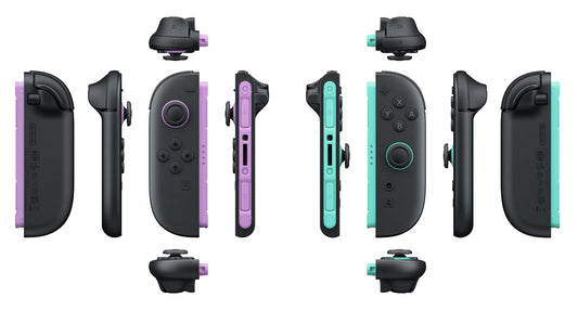 Nintendo Joy-Con controllers in light purple and light green, showing the left and right sides for Nintendo gaming console.