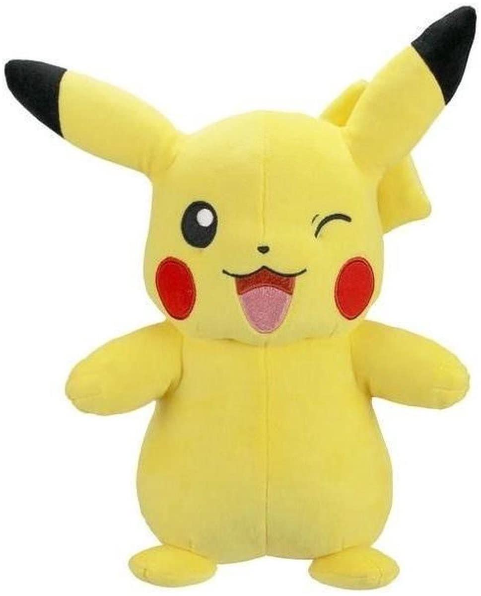 12-inch Pikachu plush toy with authentic details, perfect for kids and Pokémon fans, showcasing its cheerful expression.