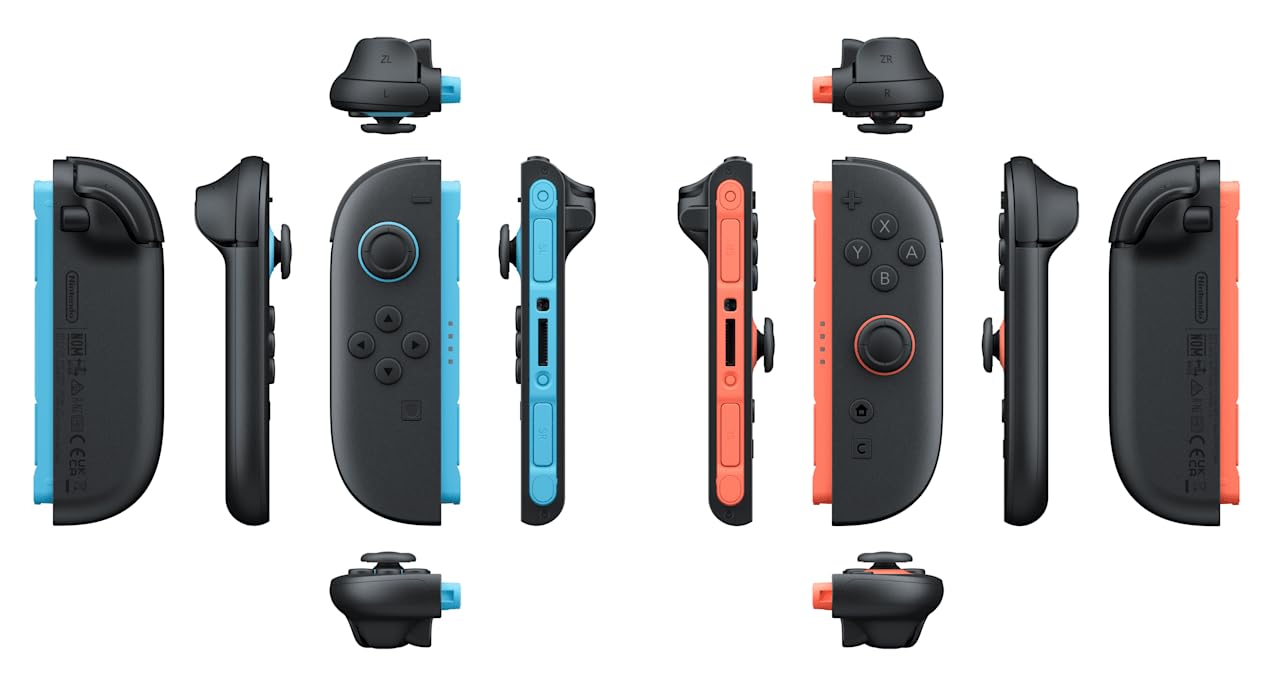Nintendo Joy-Con controllers pair with light blue and light red colors, featuring ergonomic design and button controls for gaming.