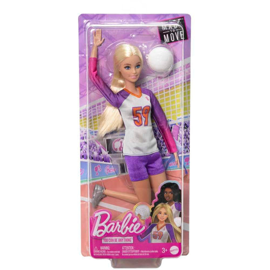 Barbie Made to Move Volleyball Player Doll in uniform with volleyball, showcasing flexible poseability and athletic accessories.