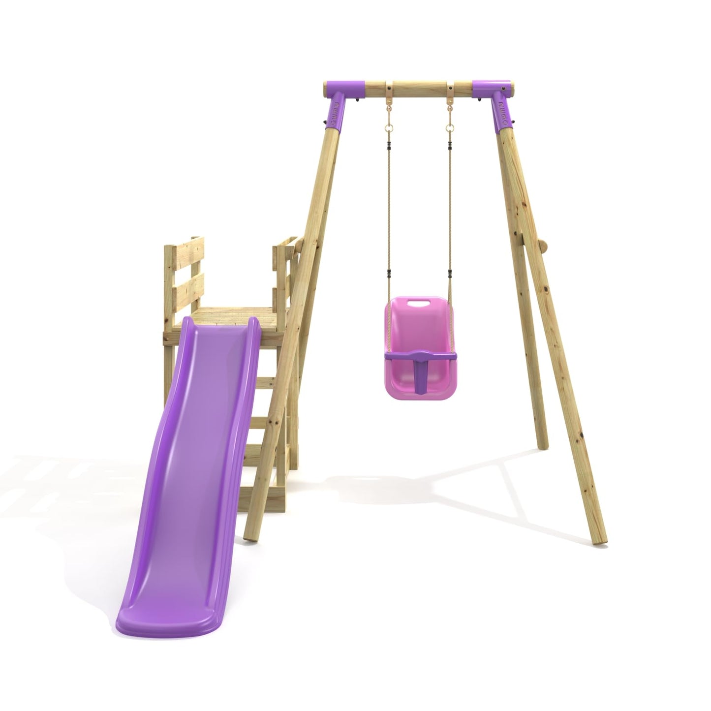 Rebo® Wooden Swing Set Plus Deck and Slide - Pluto Purple | OutdoorToys | Kids' Outdoor Wooden Play Equipment for Gardens, Frame and Accessories Included, Weather Resistant