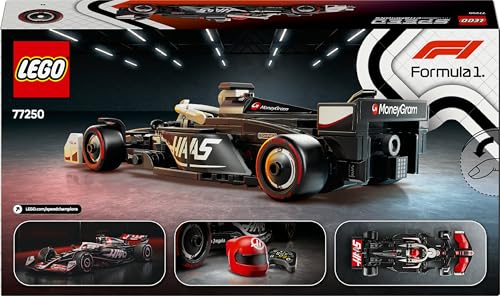 LEGO Speed Champions Haas F1 VF-24 race car model kit with collectible driver minifigure, ideal for motorsport fans.