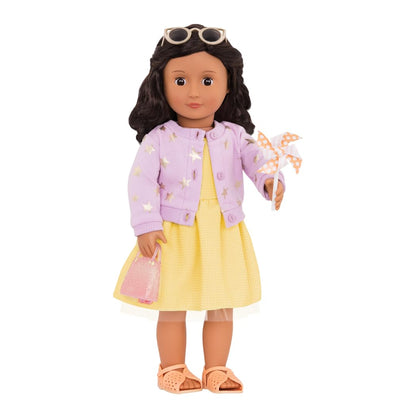 Our Generation summer dress outfit for 18-inch dolls, featuring sunny day accessories and a vibrant design.