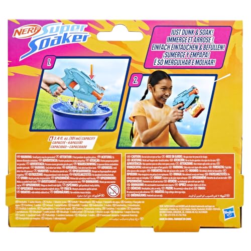 Super Soaker Mini Dunk-Fill water blaster for kids age 6+, compact toy water gun with bright colors and playful design.