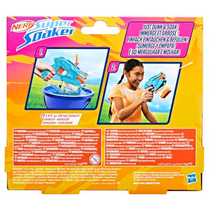 Super Soaker Mini Dunk-Fill water blaster for kids age 6+, compact toy water gun with bright colors and playful design.