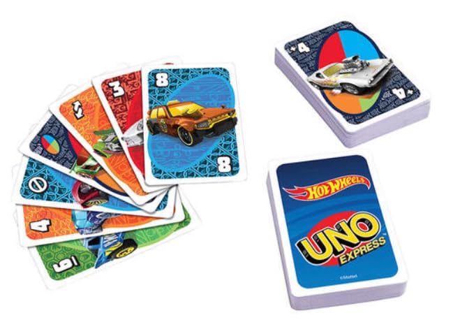 Hot Wheels Uno Express game featuring colorful cards and iconic Hot Wheels design, perfect for family fun.