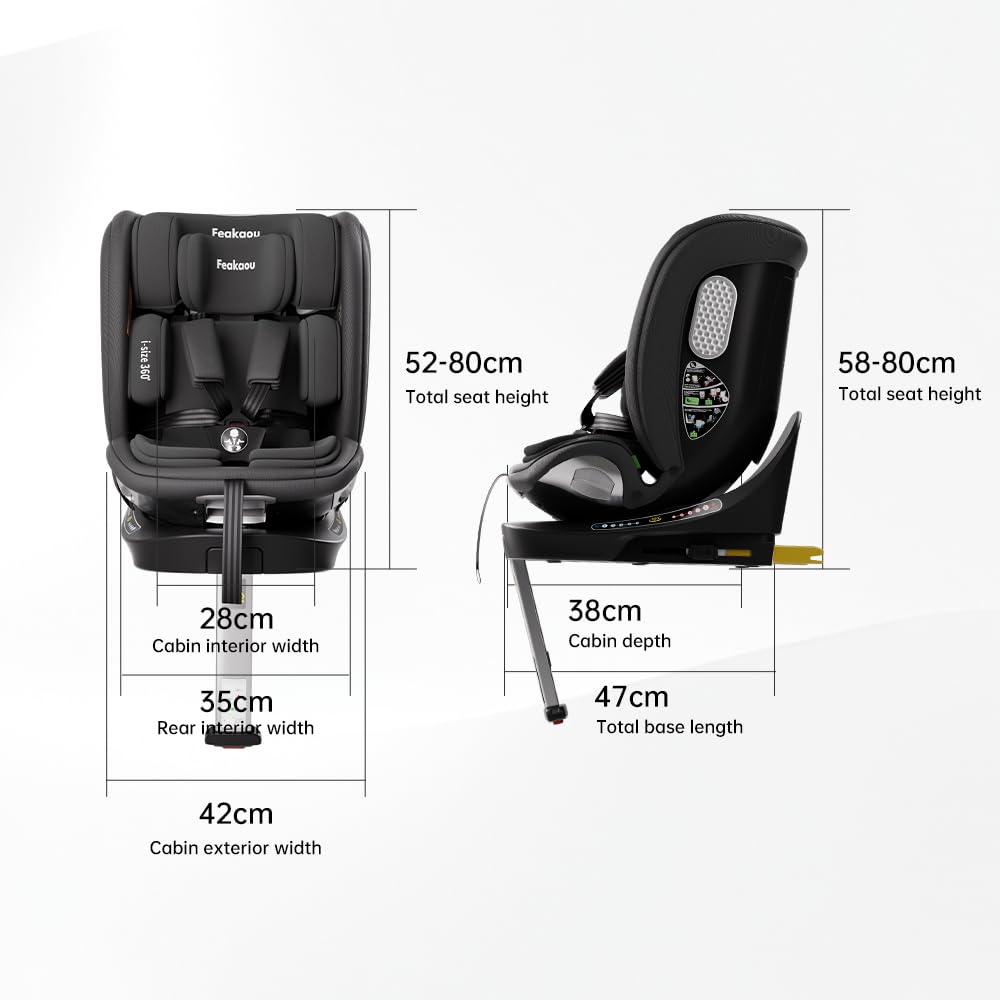 Feakaou 360 Car Seat with ISOFIX - for Newborn to 12 Years Children, i-Size (ECE R129/E4) Rotating Swivel Baby Car Seat,Group 0+1/2/3 (40-150cm),Rear Facing for Longer from Birth to 4 Years.Black.