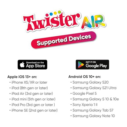 Hasbro Gaming Twister Air Party Game Includes 4 Twister Air Wrist Bands, 4 Twister Air Ankle Bands, Device Stand with clip, base, and post, and Game Rules For Ages 8+ Years