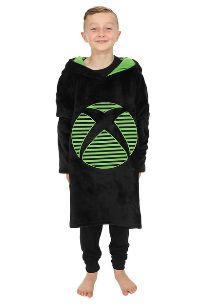 Black and green Xbox fleece hoodie for boys, size 7 to 13 years, featuring a cozy warm fleece material and gaming-inspired design.