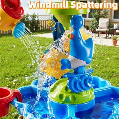 DULONIME 3-Tier Sand and Water Table Toys for Kids Aged 3 4 5 6 7 8, Water Waterfall Sensory Play Table with Beach Toys Accessories, Outdoor Activity Playset for Toddlers 2-4 3-5 4-6, Birthday Gifts