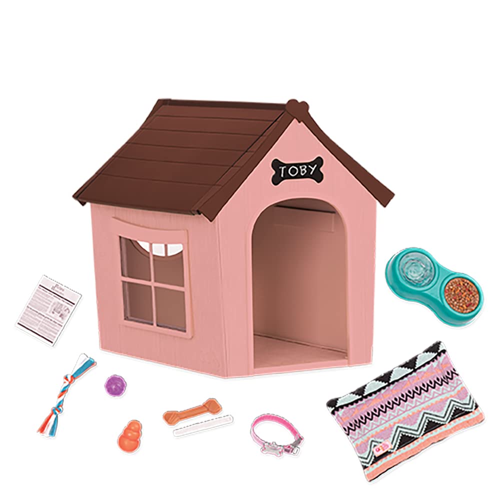 Deluxe Our Generation Puppy House set with customizable chalkboard sign and plush pups for 18-inch dolls.