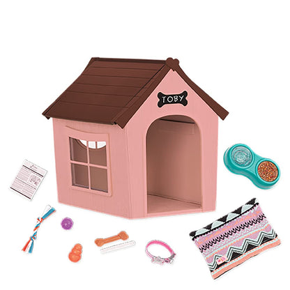 Deluxe Our Generation Puppy House set with customizable chalkboard sign and plush pups for 18-inch dolls.