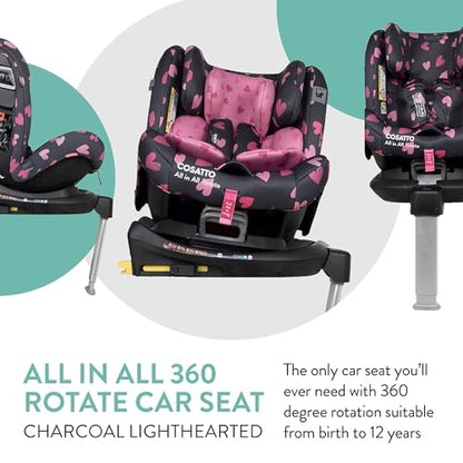 Cosatto All in All Rotate 360° Swivel Spin Car Seat - Group 0+123, 0-36 kg, 0-12years, ISOFIX, ERF, Anti-Escape (Charcoal Lighthearted)