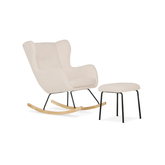 CuddleCo Marley nursery rocking chair with matching beige footstool, upholstered armchair ideal for breastfeeding mothers.