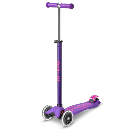Purple Maxi Micro LED Deluxe children's scooter with big wheels and adjustable handlebar for ages 5-12.