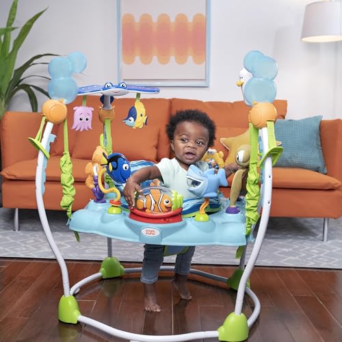 Bright Starts Disney Baby Finding Nemo Sea of Activities Jumper with lights, music, ocean sounds, adjustable height, and 360° rotation.