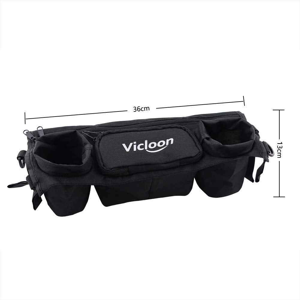 Vicloon baby stroller organizer with bottle holder, zippered pocket, and cup holder in black Oxford fabric, universal for prams and buggies.