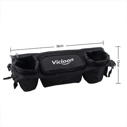 Vicloon baby stroller organizer with bottle holder, zippered pocket, and cup holder in black Oxford fabric, universal for prams and buggies.