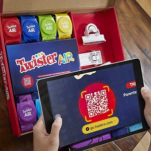 Hasbro Gaming Twister Air Party Game Includes 4 Twister Air Wrist Bands, 4 Twister Air Ankle Bands, Device Stand with clip, base, and post, and Game Rules For Ages 8+ Years