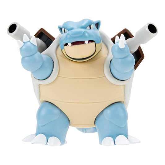 4.5-inch Pokémon Blastoise battle figure with water missile cannon in dynamic pose against a colorful background.