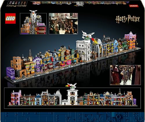 LEGO Harry Potter Diagon Alley set featuring detailed microscale shops and 12 collectible microfigures.