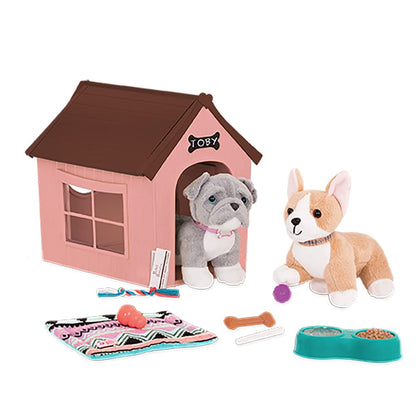 Deluxe Our Generation OG Puppy House set with customizable chalkboard and plush pups for 18-inch dolls.