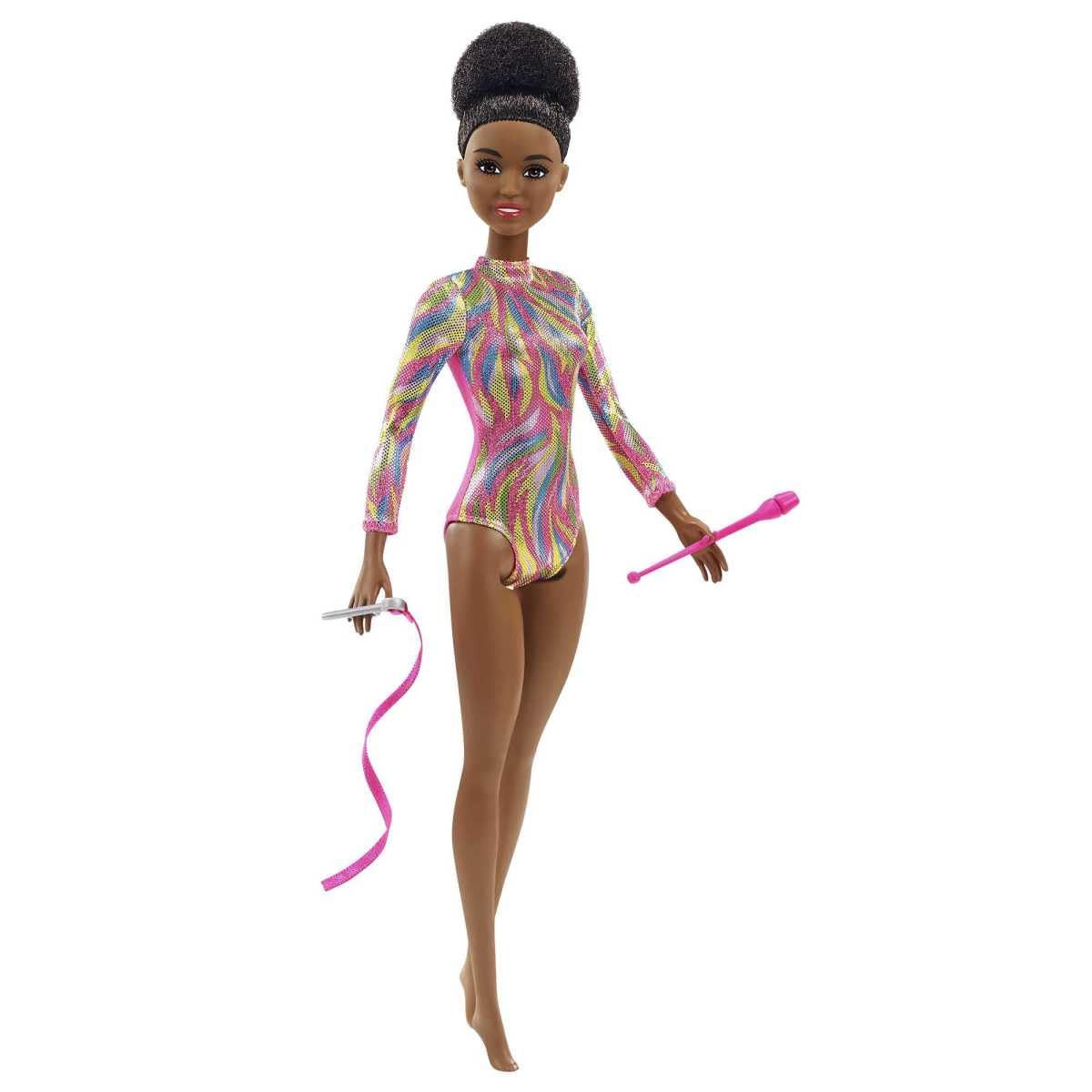 Brunette Barbie Rhythmic Gymnast doll in leotard with accessories, showcasing her athletic pose and vibrant colors.