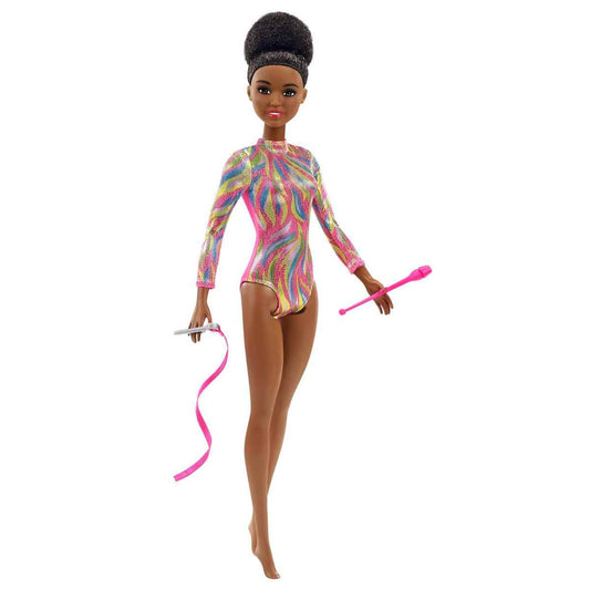 Brunette Barbie Rhythmic Gymnast doll in leotard with accessories, showcasing her athletic pose and vibrant colors.