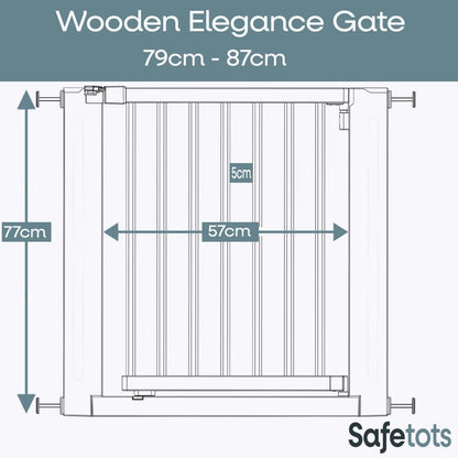 Safetots Wooden Elegance safety gate in natural finish, pressure-fit, 79-87cm, 57cm extra wide doorway, stylish and easy to install.