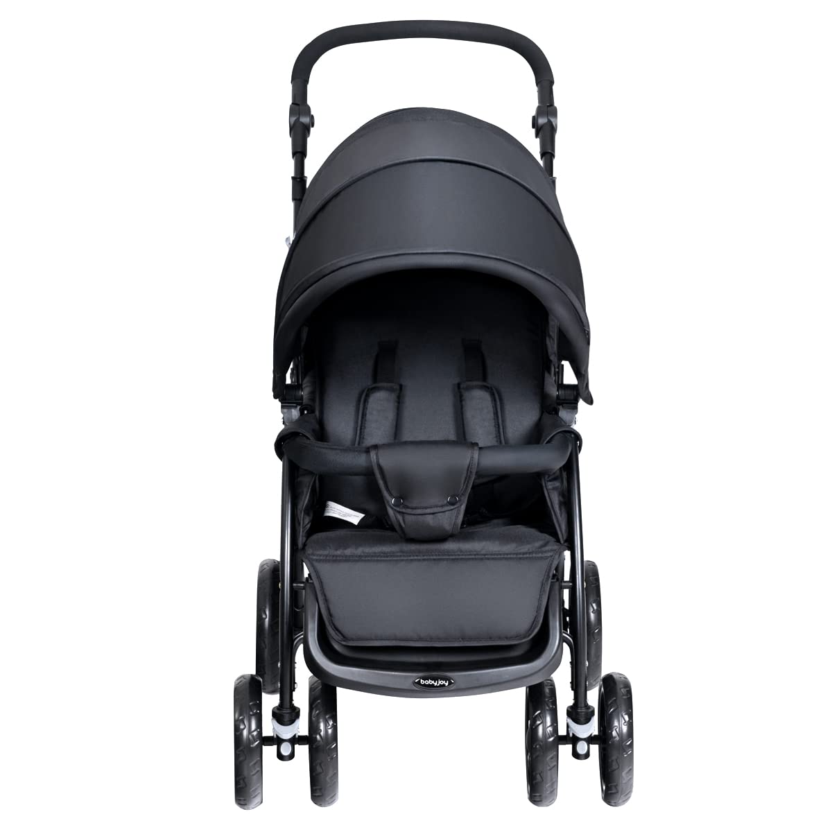COSTWAY double seat pushchair with foldable design, adjustable backrests, sunshade, safety belts, and storage basket in black.